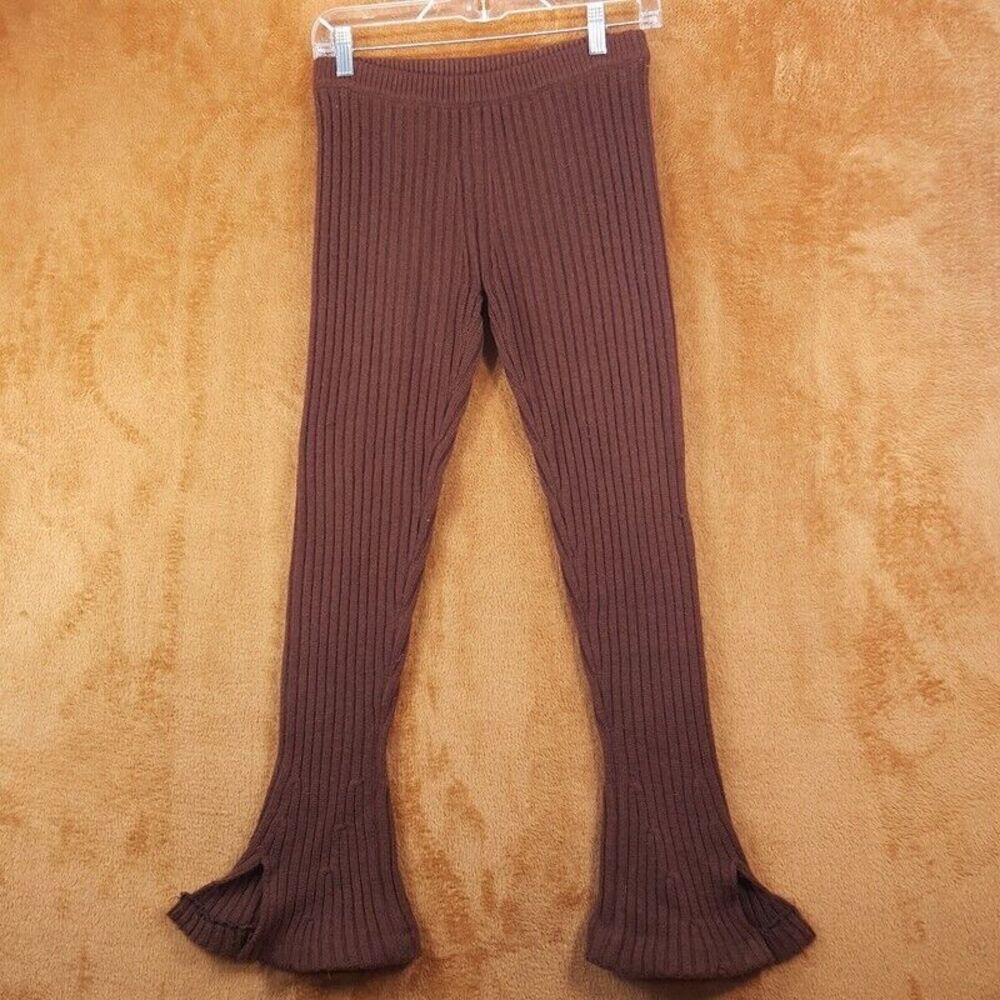 RONNY KOBO Pants Womens XS Brown Pull On Ribbed Knit Flare Slit Ankle Stretch
